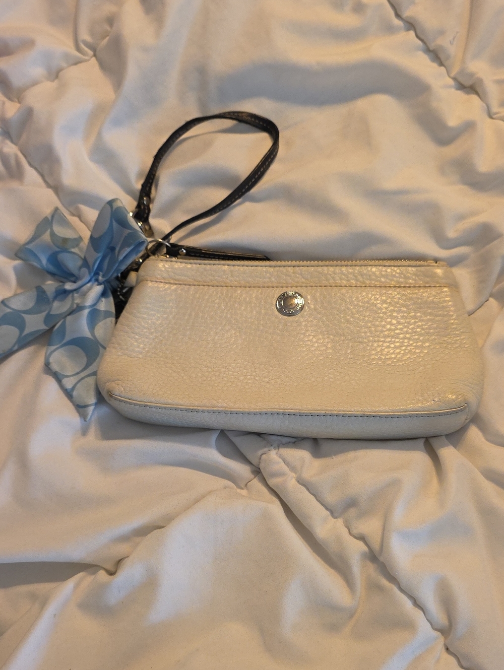 Coach Ivory Leather Wristlet with Blue Scarf and Black Strap